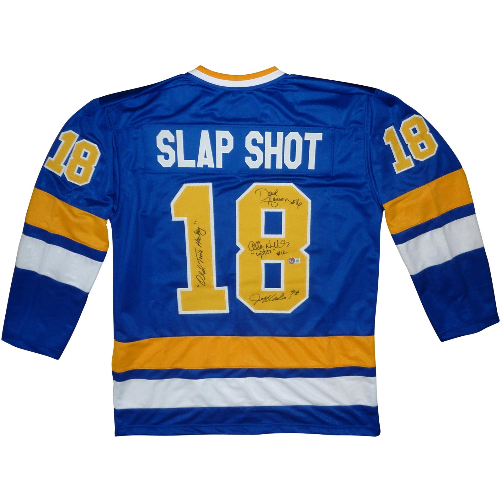 Hanson Brothers Autographed Slap Shot Movie Chiefs (Blue #18) Custom Hockey Jers Hanson Brothers Autographed Slap Shot Movie Chiefs (Blue #18) Custom Hockey Jers