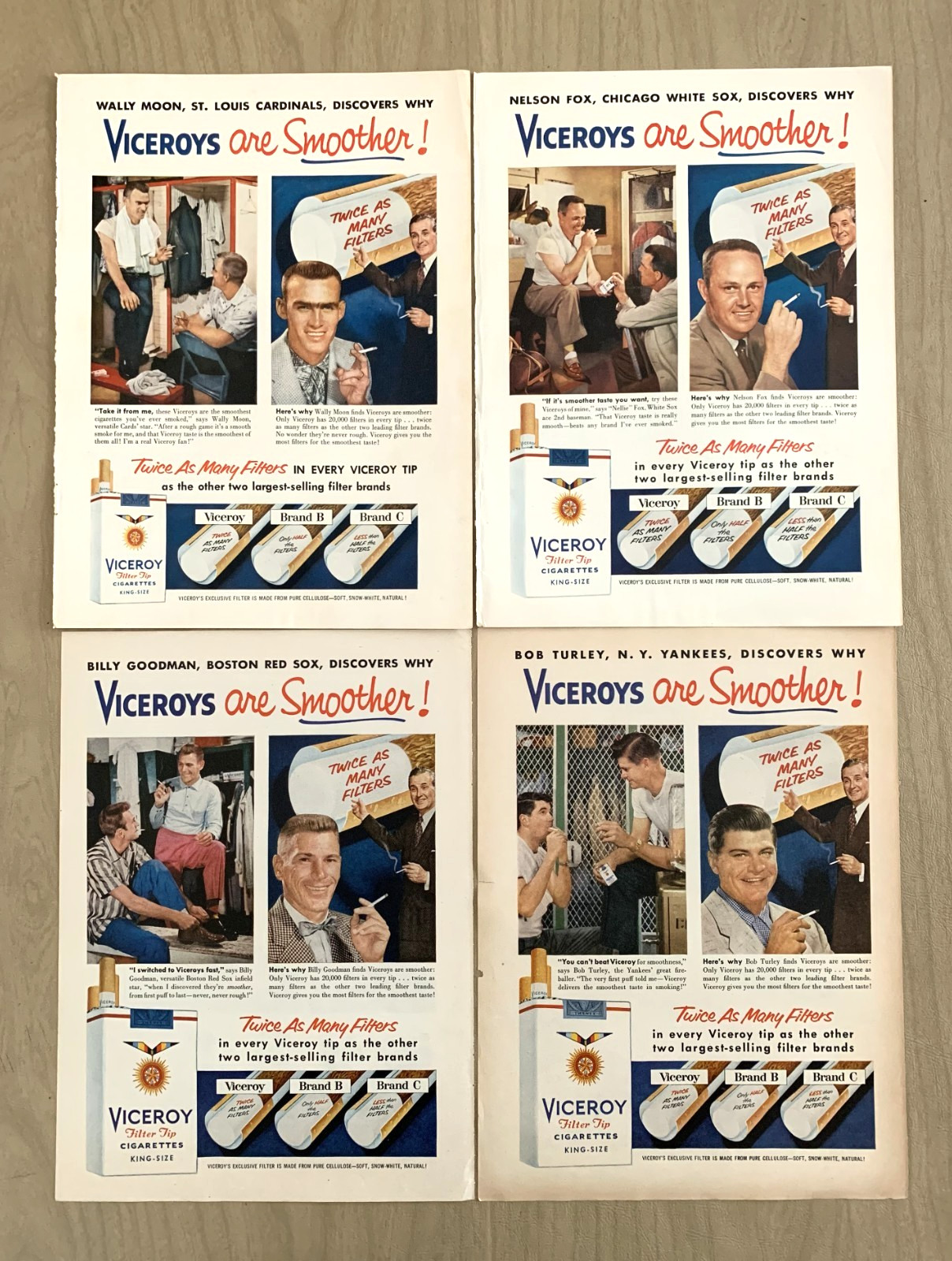 1956 Print Ads Viceroys Camels L&M Texaco Baseball Fox Goodman Turley Moon Berra 1956 Print Ads Viceroys Camels L&M Texaco Baseball Fox Goodman Turley Moon Berra