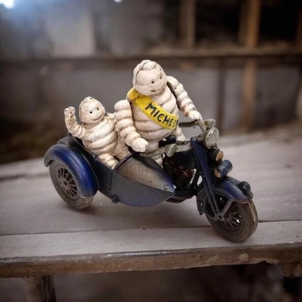 Cast Iron Tire Men on Cycle with Side Car Michelin Figure Antique finish Cast Iron Tire Men on Cycle with Side Car Michelin Figure Antique finish