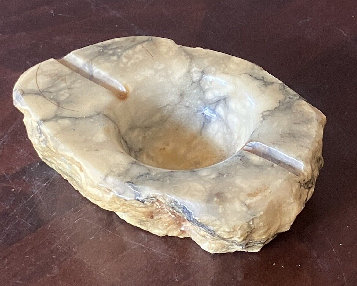 Genuine Alabaster Mid Century Ashtray Vintage Hand Carved In Italy Approx 7x4 In
