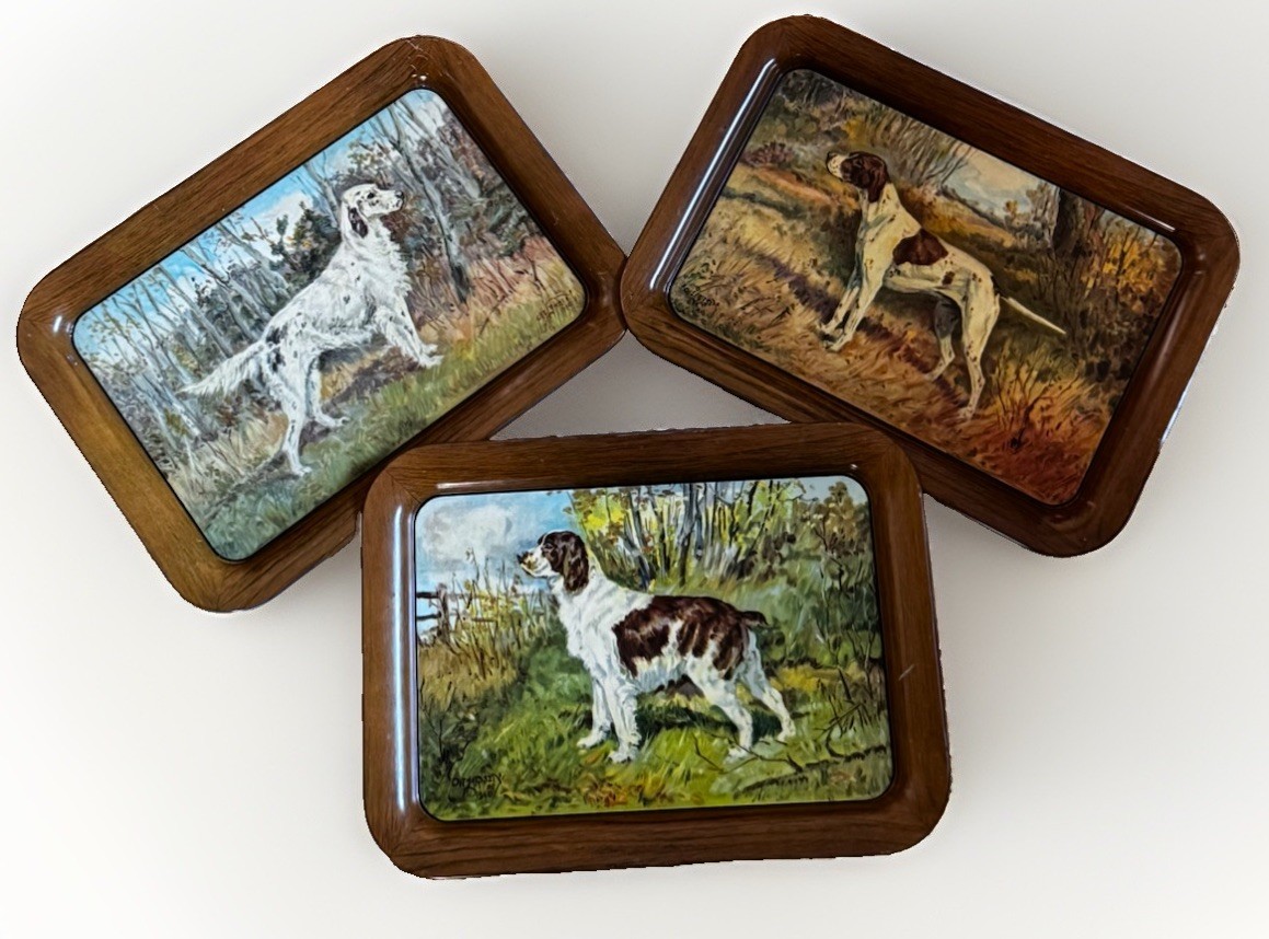 3 VTG Ole Larsen Hunting Dogs Metal Tray American Can Co. Irish Setter Pointer 3 VTG Ole Larsen Hunting Dogs Metal Tray American Can Co. Irish Setter Pointer