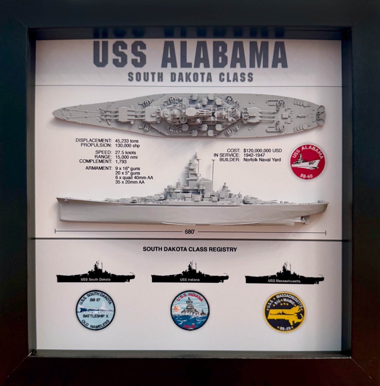 USS Alabama Display Box, BB-60, South Dakota Class, WW2, 9 USS Alabama Display Box, BB-60, South Dakota Class, WW2, 9