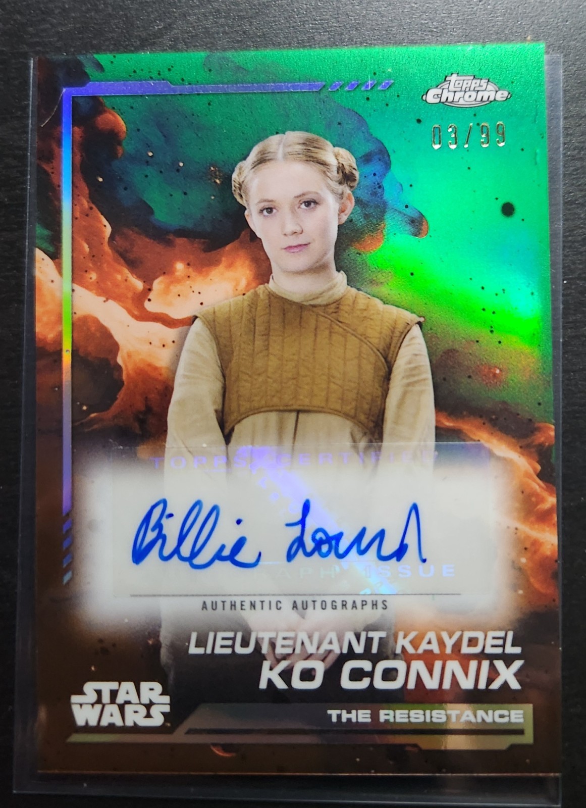 2024 Topps Chrome Star Wars Billie Lourd Green Parallel Auto /99 2024 Topps Chrome Star Wars Billie Lourd Green Parallel Auto /99