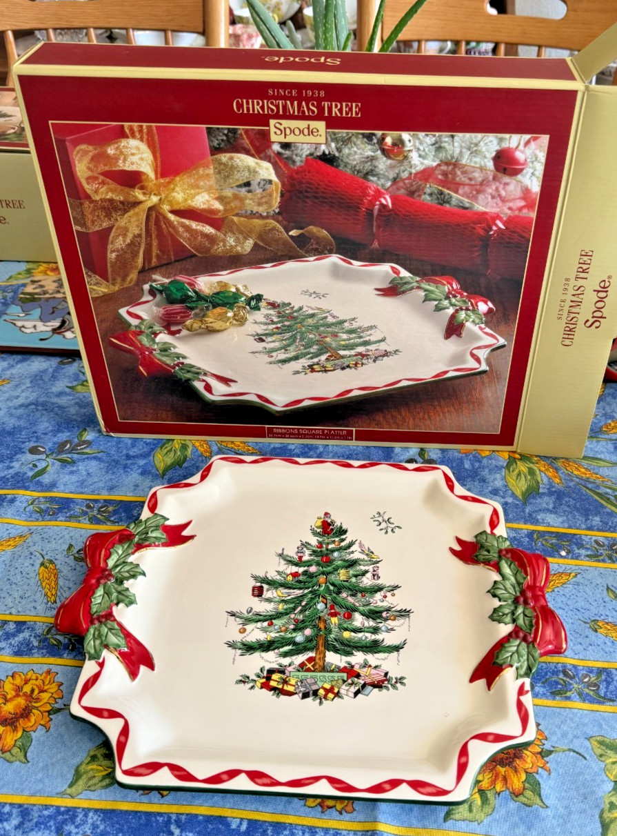 Vintage Spode Christmas Tree Red Ribbon Goody Plate Holidays 13x11x1