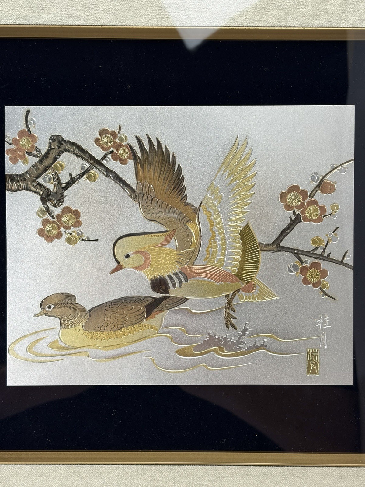 Vintage Japanese Chokin Metal Art Framed Mandarin Ducks Silver Etching Vintage Japanese Chokin Metal Art Framed Mandarin Ducks Silver Etching