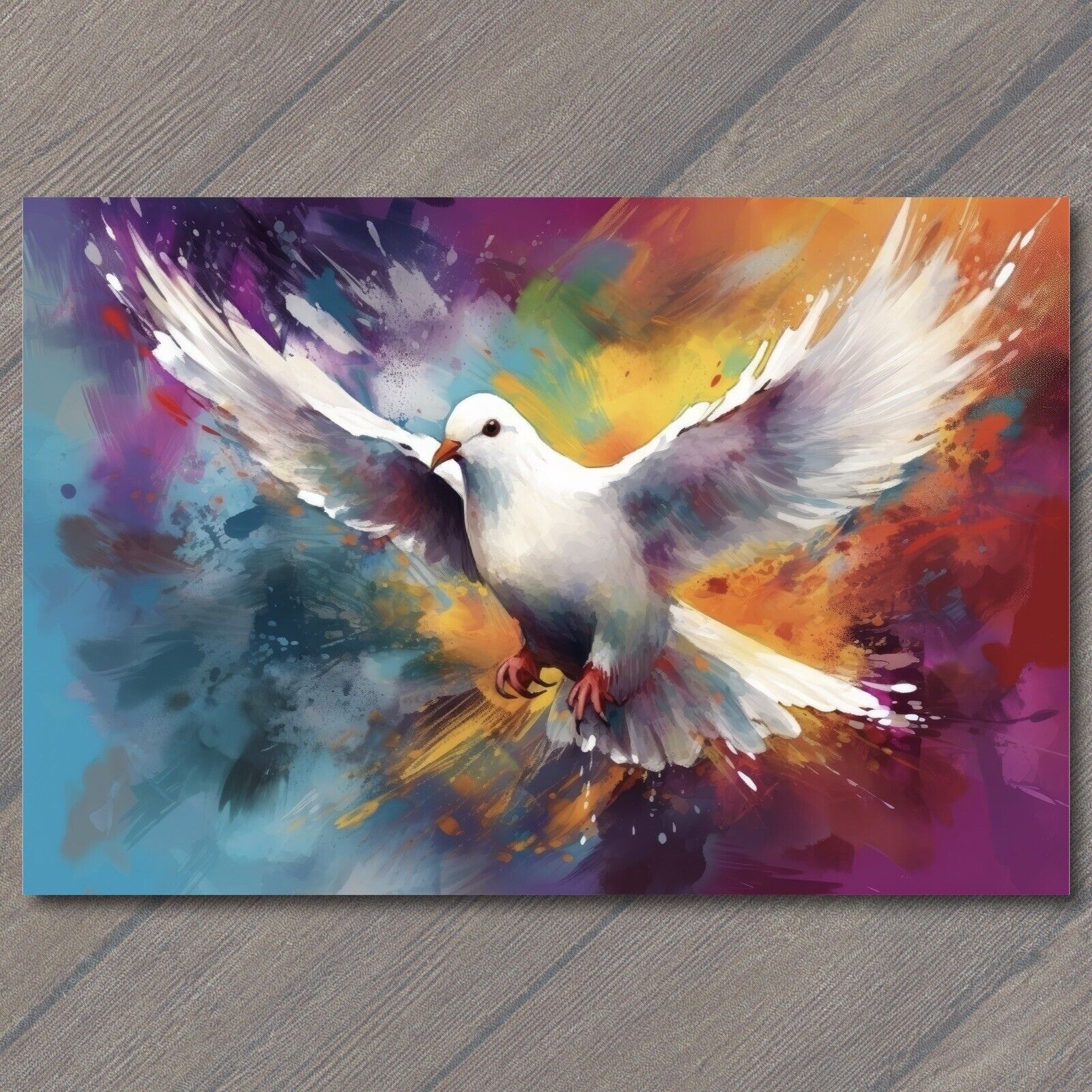 POSTCARD: Majestic Dove Soaring Through a Colorful Sky. 🕊️🌈