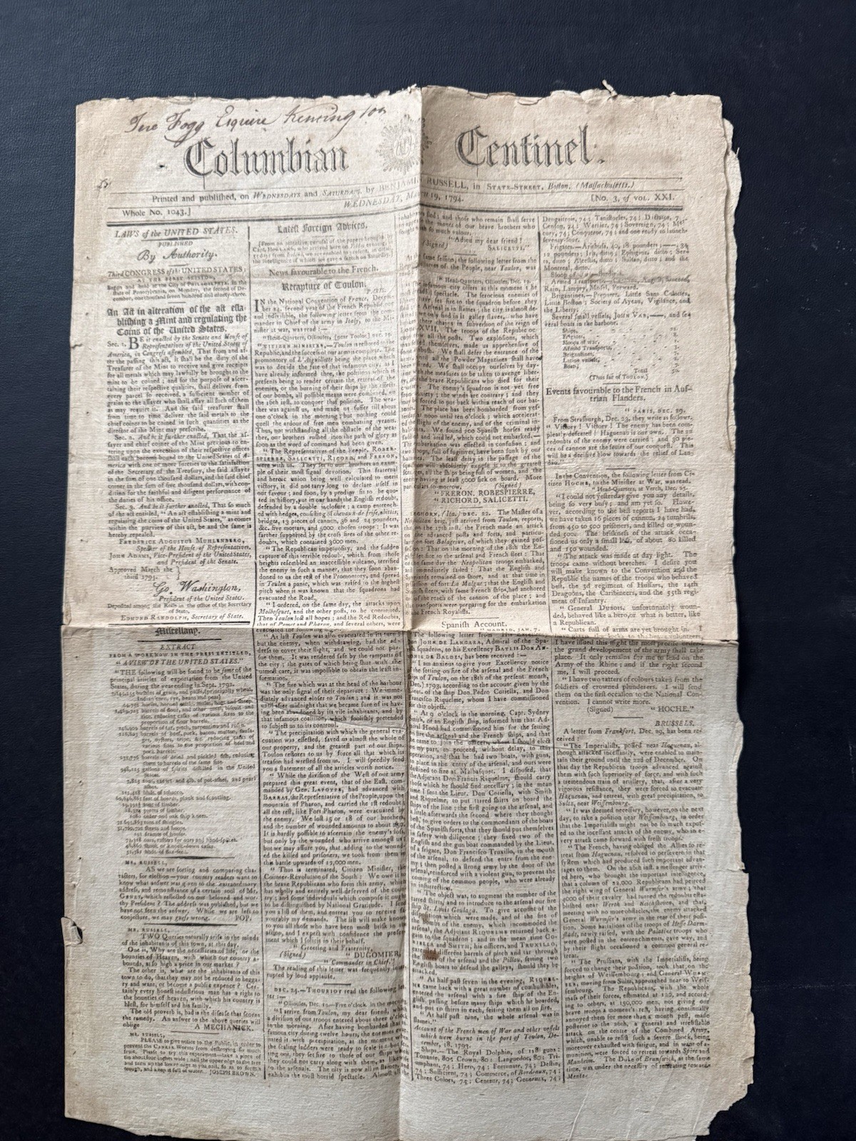 Columbian Centinel Newspaper, March 19, 1794 Columbian Centinel Newspaper, March 19, 1794