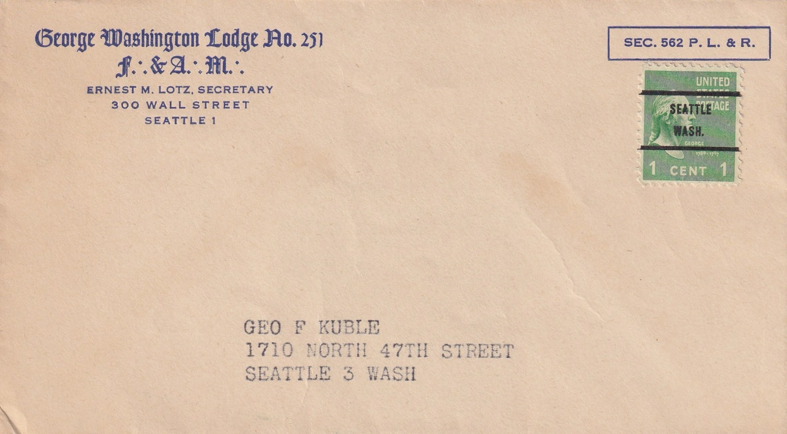 Vintage George Washington Lodge 251 Masonic F&AM Seattle WA Cover