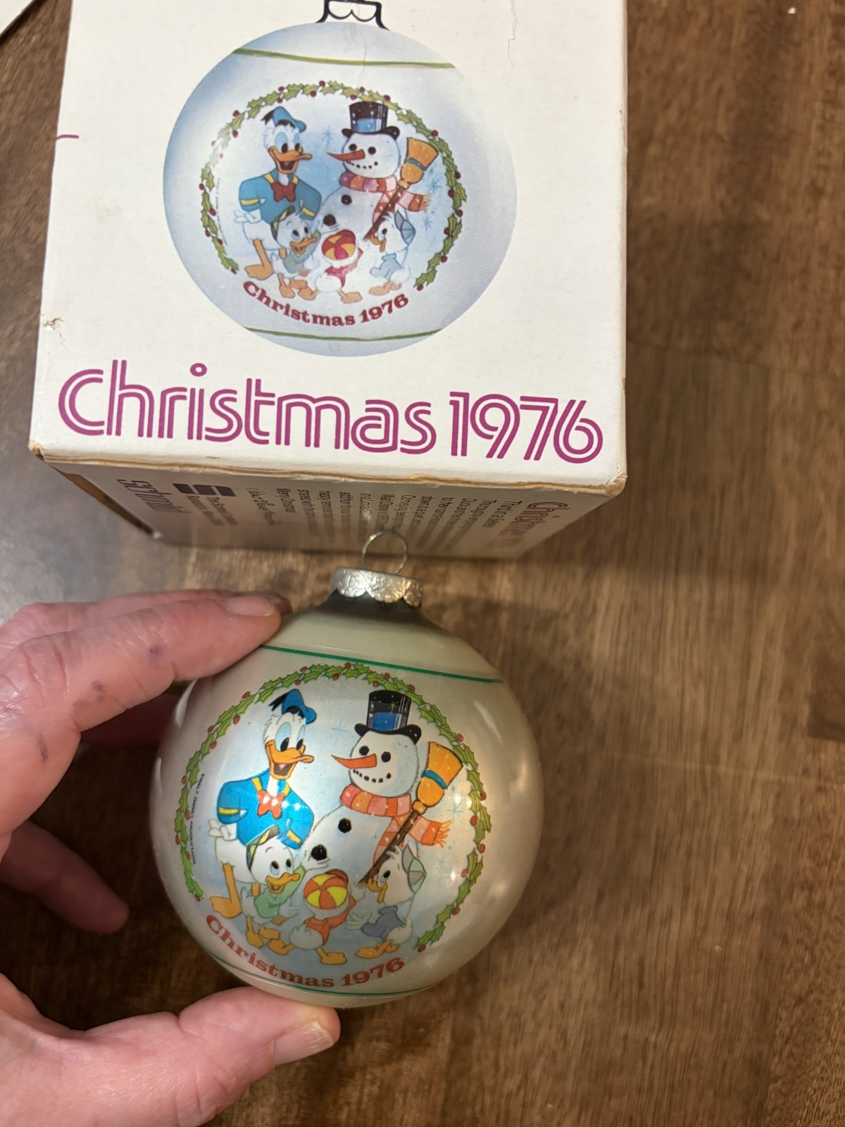 Vintage Schmid Disney Christmas 1976 Donald Duck Snowman Glass Ornament Box Vintage Schmid Disney Christmas 1976 Donald Duck Snowman Glass Ornament Box