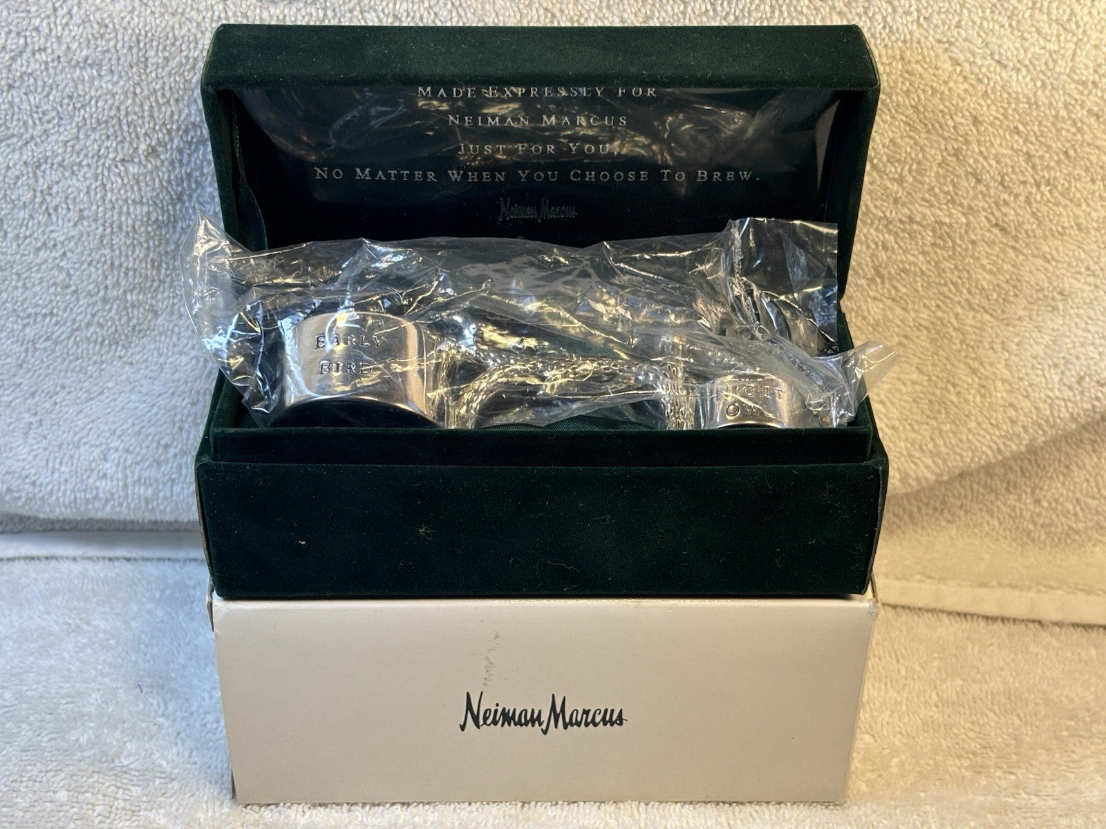 Neiman Marcus Godinger Silver Plate Night Owl Early Bird Coffee Tea Scoop 4.75\ Neiman Marcus Godinger Silver Plate Night Owl Early Bird Coffee Tea Scoop 4.75\