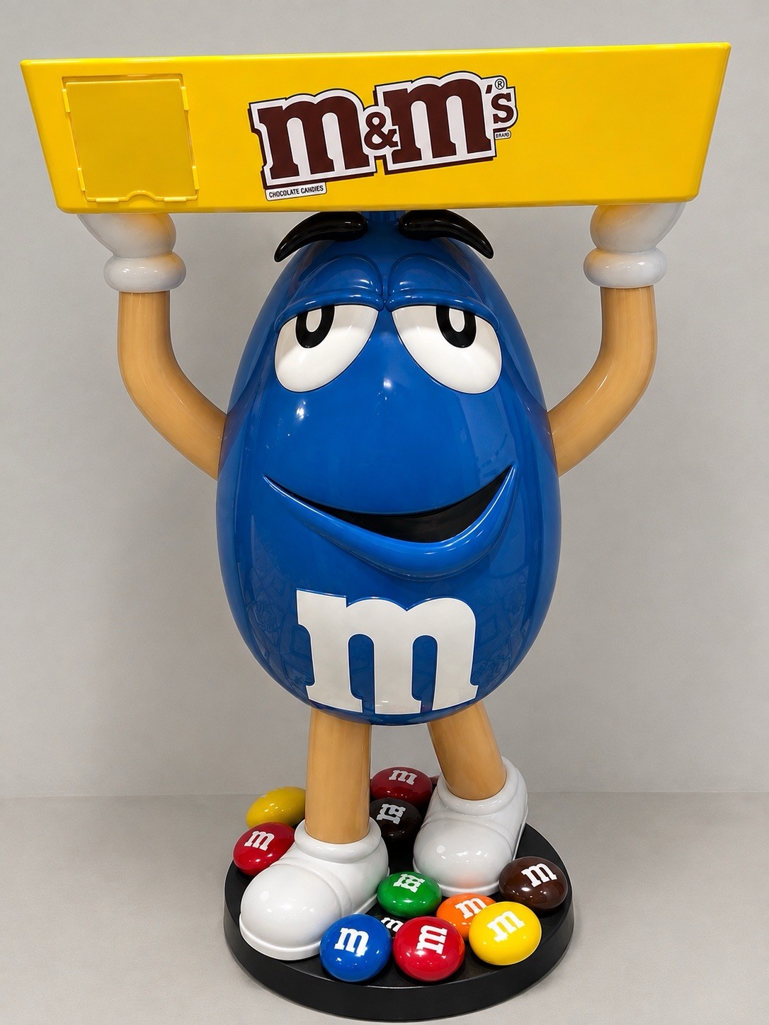 M & M Character Blue Candy Store Display w/Storage Tray Rolling Wheels M & M Character Blue Candy Store Display w/Storage Tray Rolling Wheels