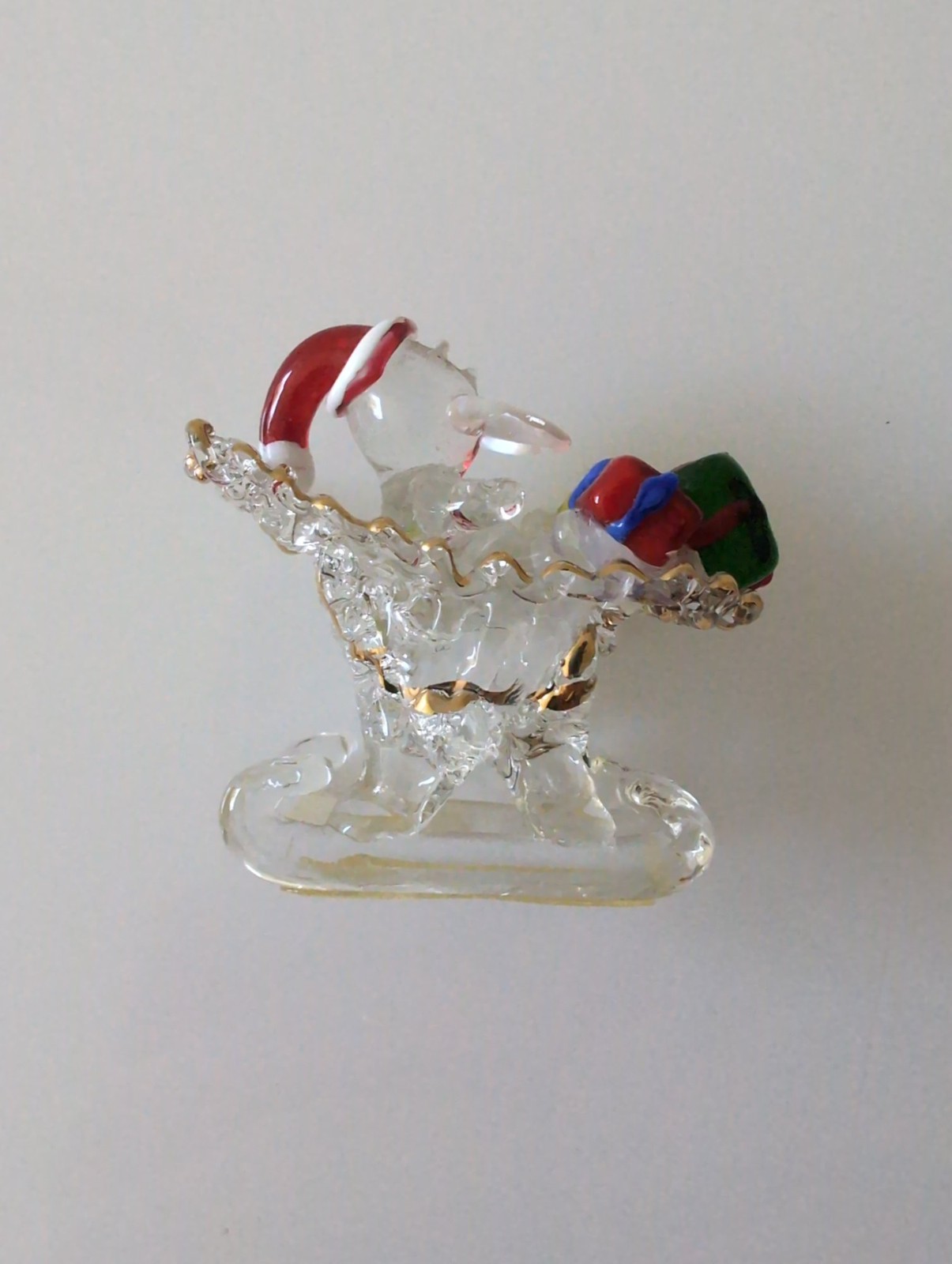 Hand Blown Spun Glass Santa in Sleigh Presents Christmas Figurine Gold Trim Hand Blown Spun Glass Santa in Sleigh Presents Christmas Figurine Gold Trim