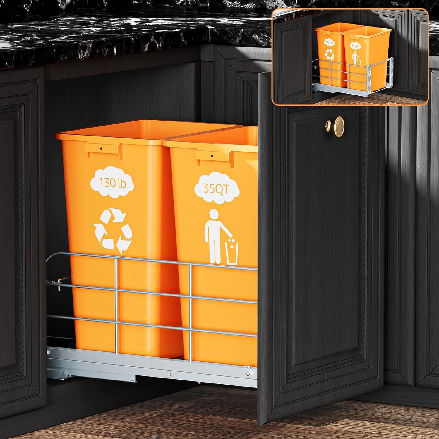 Double Pull Out Trash Can under Cabinet, 130LB Heavy Duty Soft Close Double Pull Out Trash Can under Cabinet, 130LB Heavy Duty Soft Close