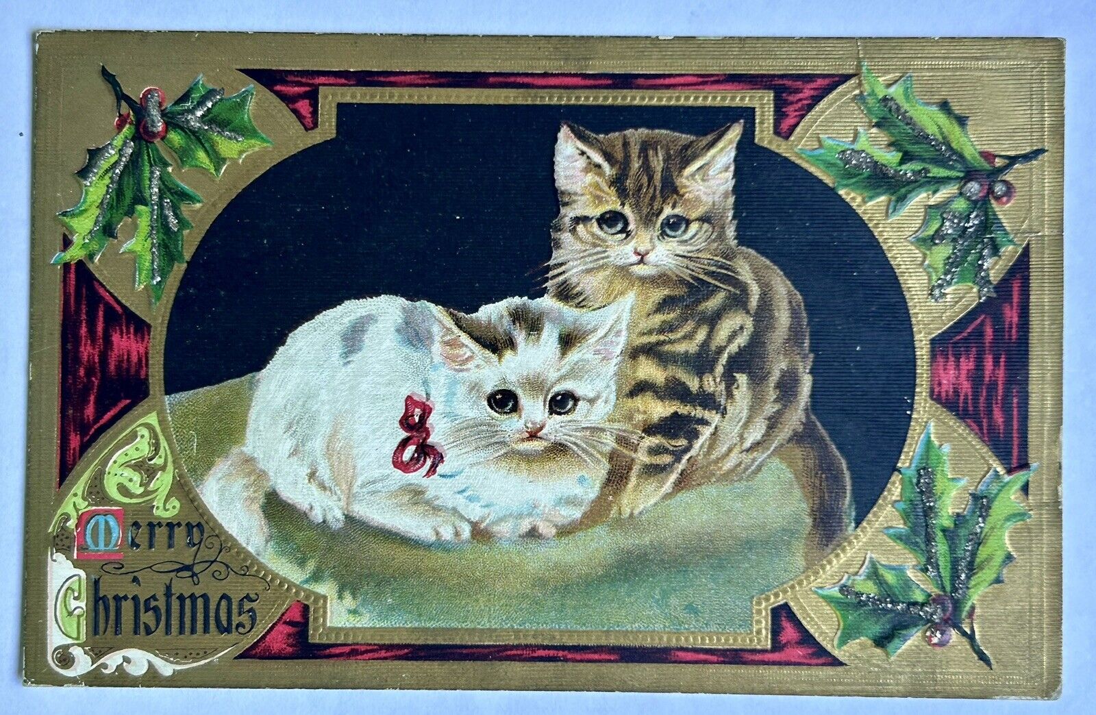 Merry Christmas Vintage Cat Postcard. Holly. Embossed.