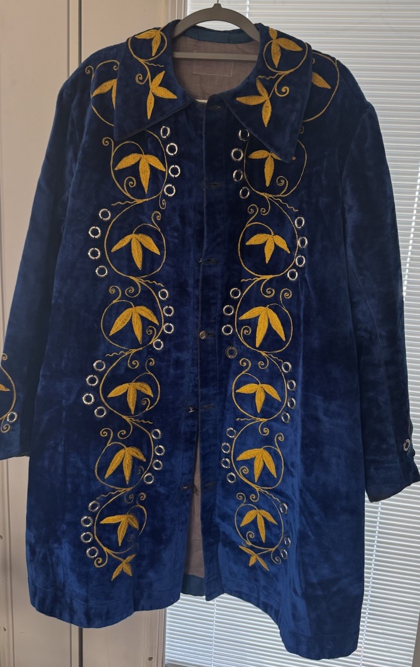 Blue/Gold Velvet Jacket, Embroidered Floral Mid-Length Odd Fellows (IOOF) Blue/Gold Velvet Jacket, Embroidered Floral Mid-Length Odd Fellows (IOOF)