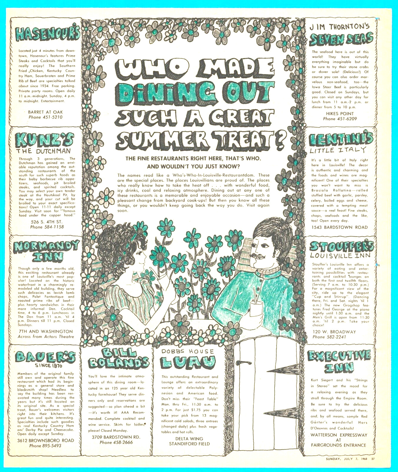 1968 LOUISVILLE RESTAURANTS Hikes point PRINT AD Hasenour's  Kunz's Bauer's