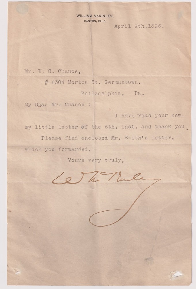 William McKinley signed letter two months before being nominated for president