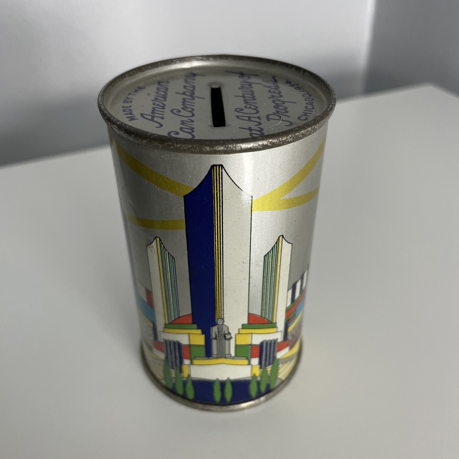 Vintage Chicago Worlds Fair 1933 1934 American Can Company Metal Bank 3.5 Inches Vintage Chicago Worlds Fair 1933 1934 American Can Company Metal Bank 3.5 Inches