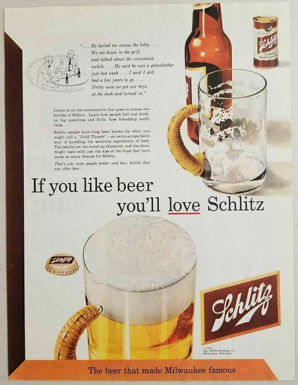 1952 Print Ad Schlitz Beer Bottle, Can, Mug Milwaukee,WI