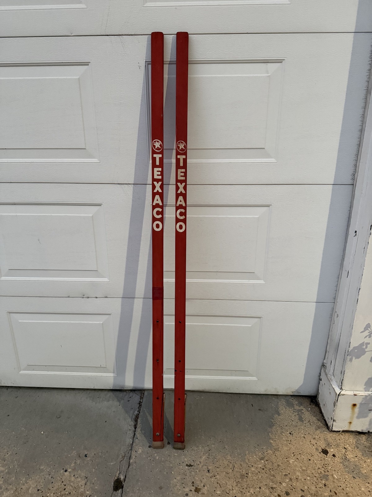 Vintage 1940's TEXACO Red Wood Stilts Advertising 63.5” Long DECOR GAS Vintage 1940's TEXACO Red Wood Stilts Advertising 63.5” Long DECOR GAS