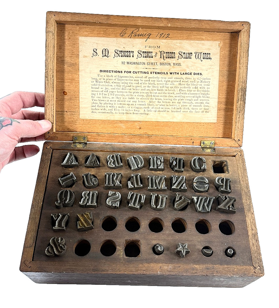 RARE Antique c. 1900 S.M. Spencer Sign Die Punch Stencil Alphabet Set Boston MA RARE Antique c. 1900 S.M. Spencer Sign Die Punch Stencil Alphabet Set Boston MA