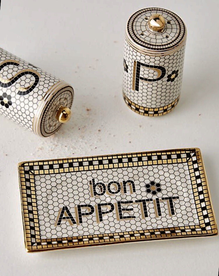 NEW ANTHROPOLOGIE BISTRO TILE MOSAIC SALT PEPPER SHAKER 3 PC. SET BON APPETIT
