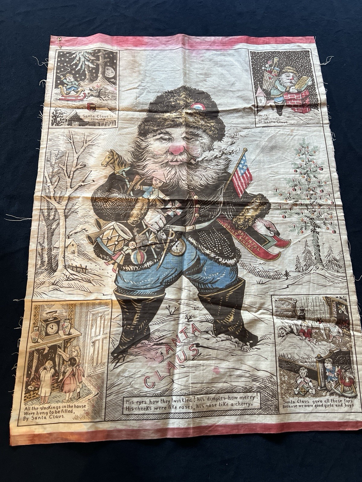 Antique 1868 Santa Claus Christmas Linen Oriental Print Works, Edward Peck Antique 1868 Santa Claus Christmas Linen Oriental Print Works, Edward Peck