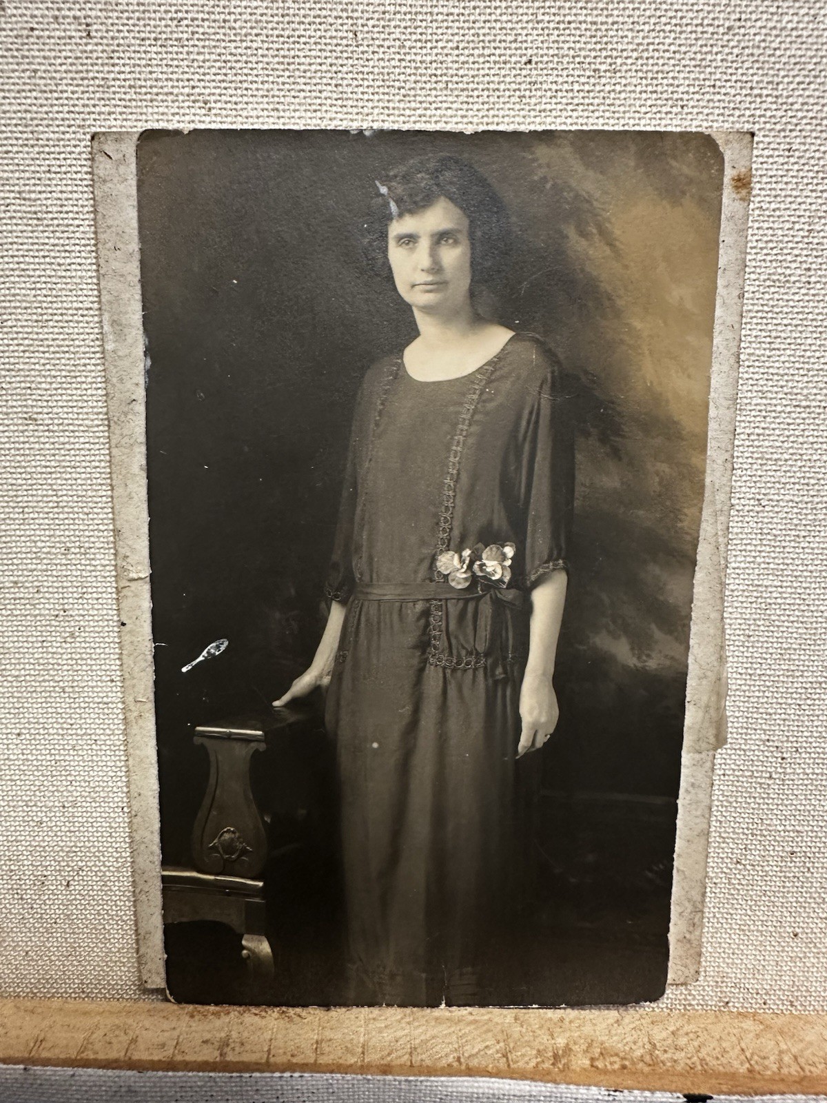 Vintage 1920s Studio Portrait Photo Woman Drop Waist Flapper Dress 3x5 Sepia⁠