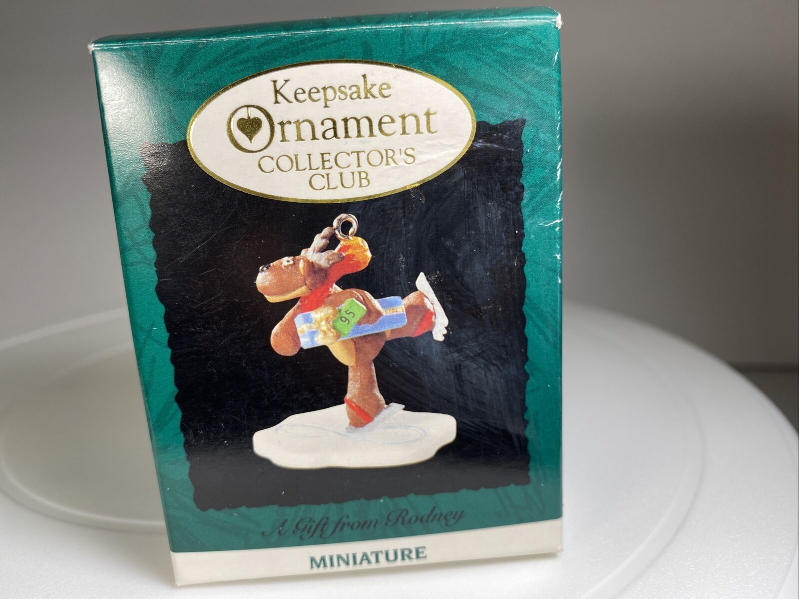 1995 Hallmark Miniature Ornament A GIFT FROM RODNEY Reindeer Ice Skating NIB