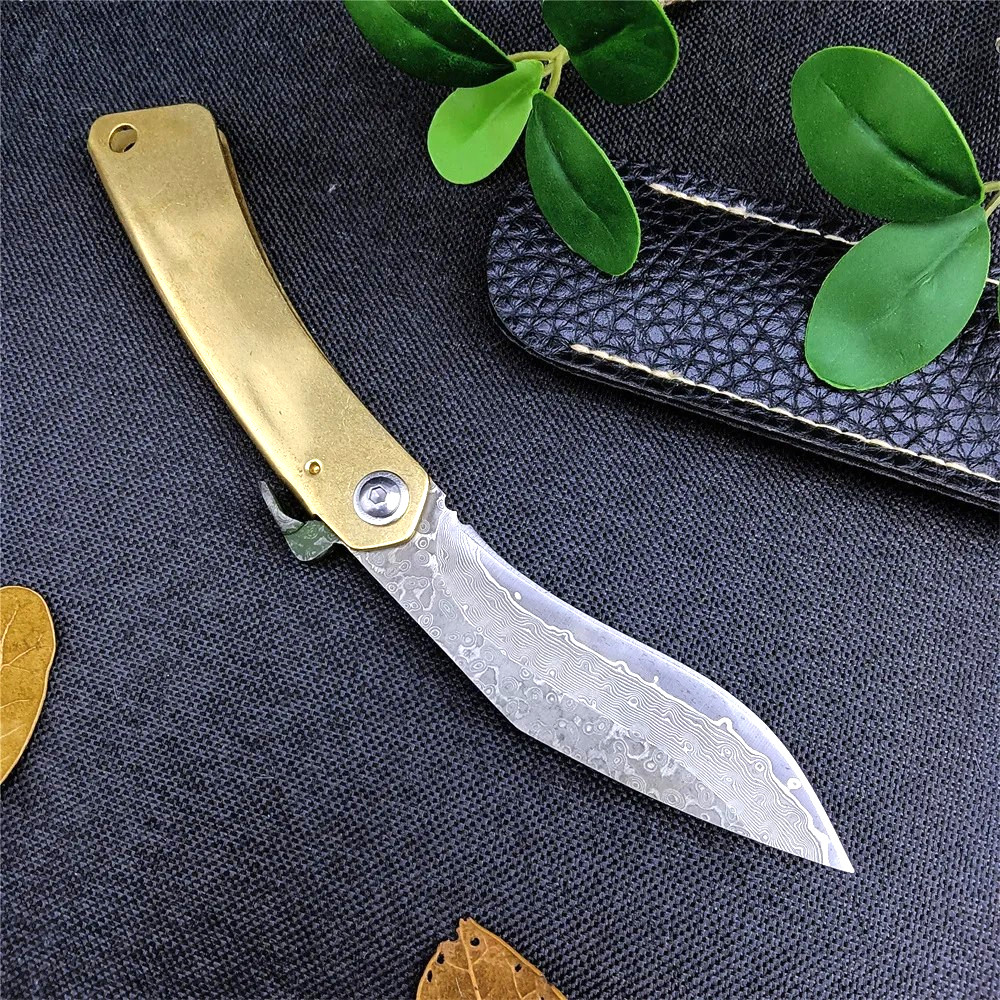 Mini Japanese Folding Knife Damascus Steel Blade Brass Handle Pocket Knife Mini Japanese Folding Knife Damascus Steel Blade Brass Handle Pocket Knife