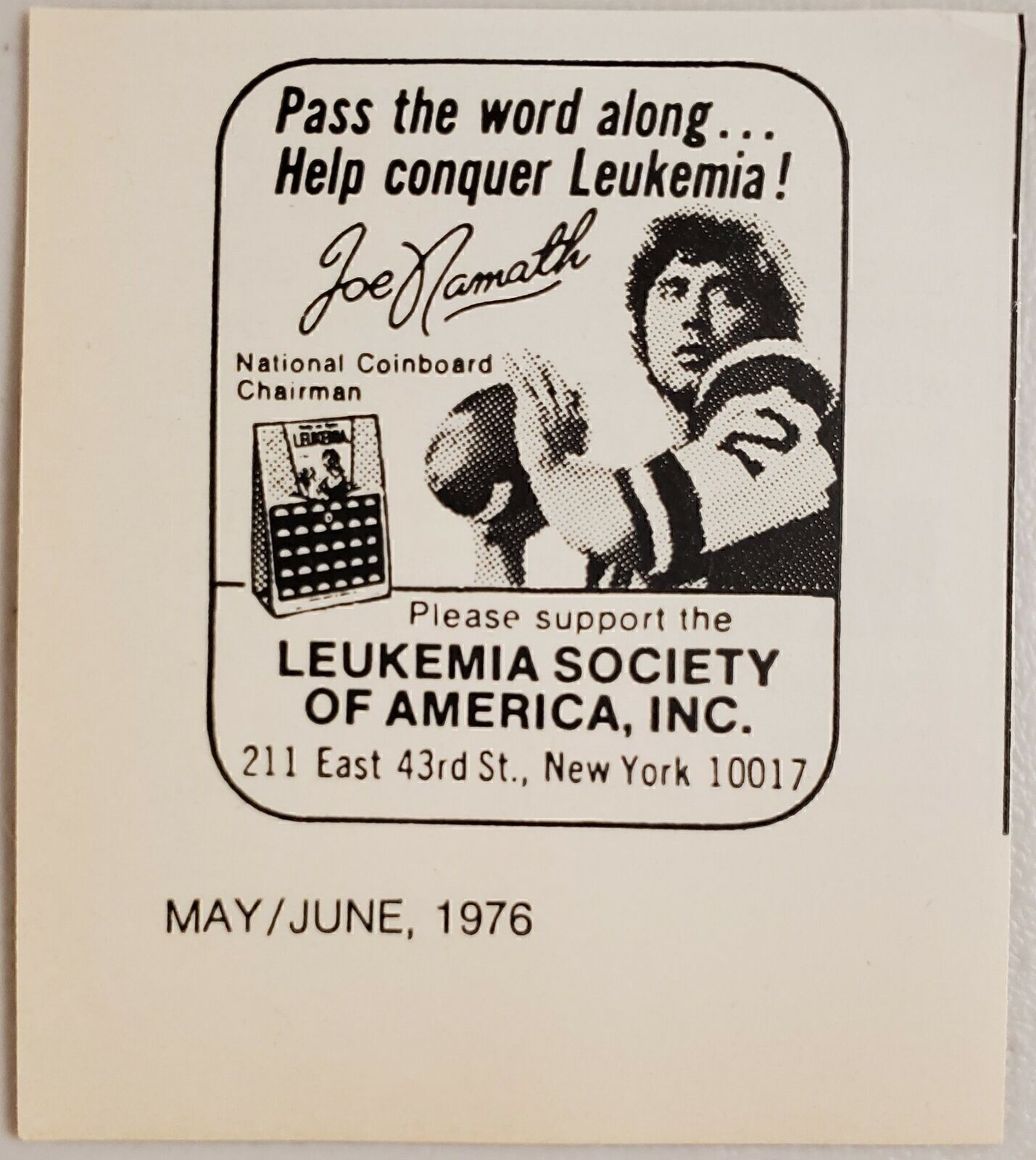 1976 Print Ad Leukemia Society New York Jets Football Quarterback Joe Namath