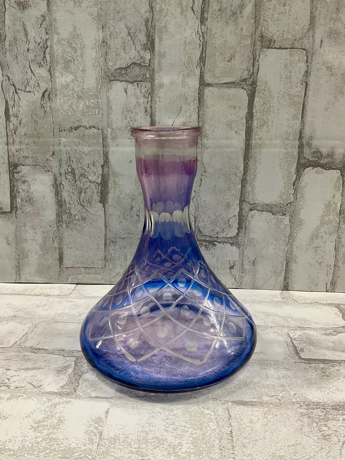 Pyramid Glass Hookah Base Purple/Blue Etched Diamond Grid Circular Dots Pattern