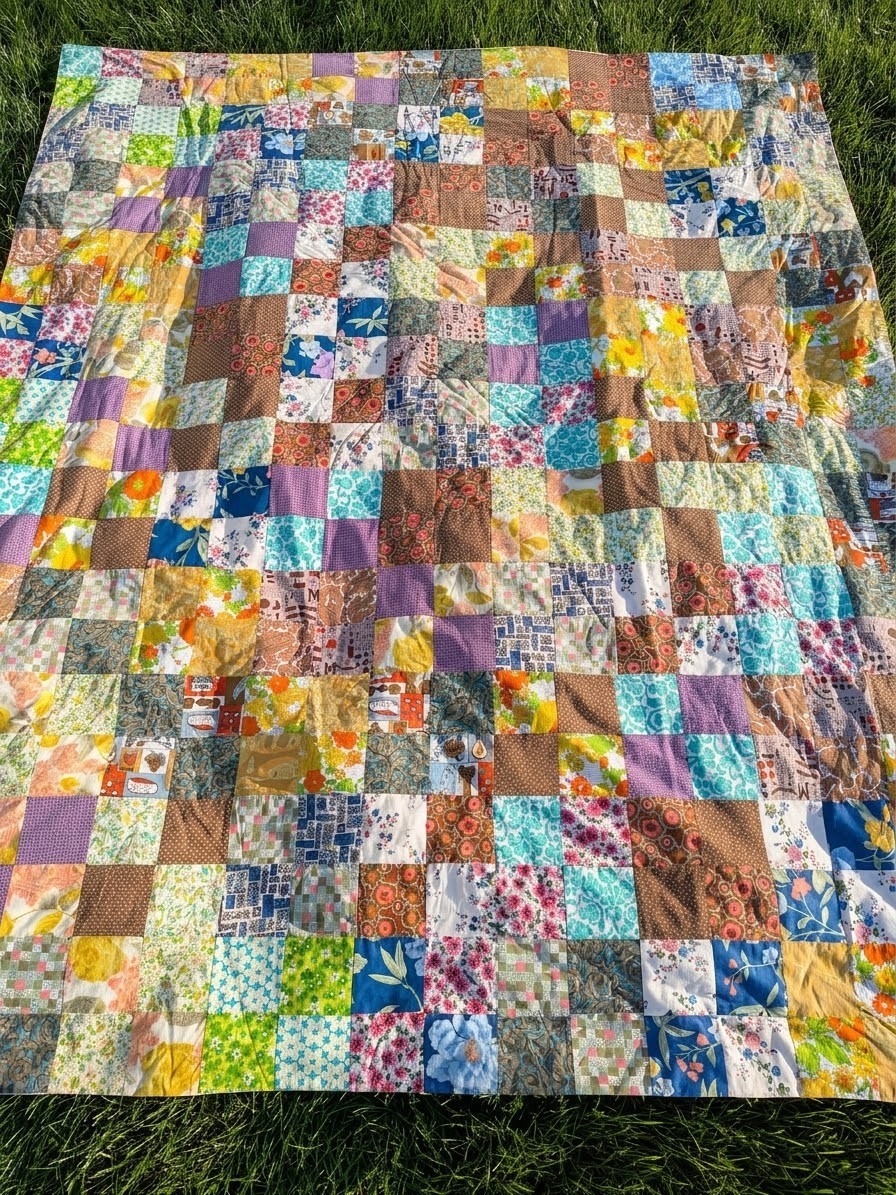 Vintage 1970s Scrappy Patchwork Quilt Queen Full Size Machine Tacked Retro Boho Vintage 1970s Scrappy Patchwork Quilt Queen Full Size Machine Tacked Retro Boho