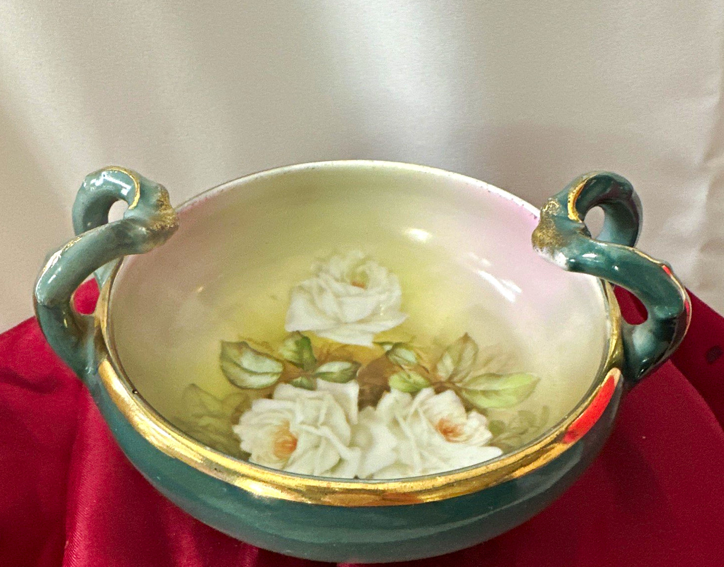 Antique Hand Painted Porcelain Console Bowl Teal Green Pink White Roses Gold Antique Hand Painted Porcelain Console Bowl Teal Green Pink White Roses Gold
