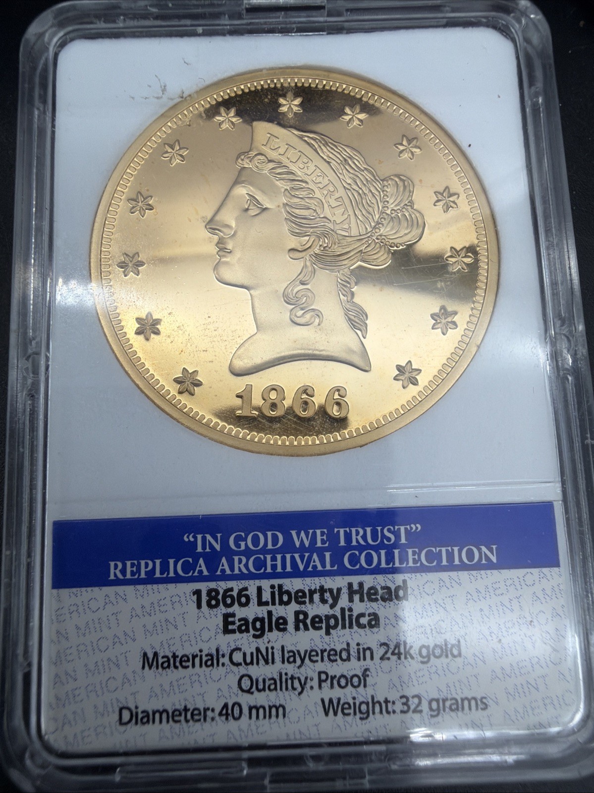 Historical 24K Gold Plated, Reproduct Archival 1866 Liberty Head Eagle, Proof 03