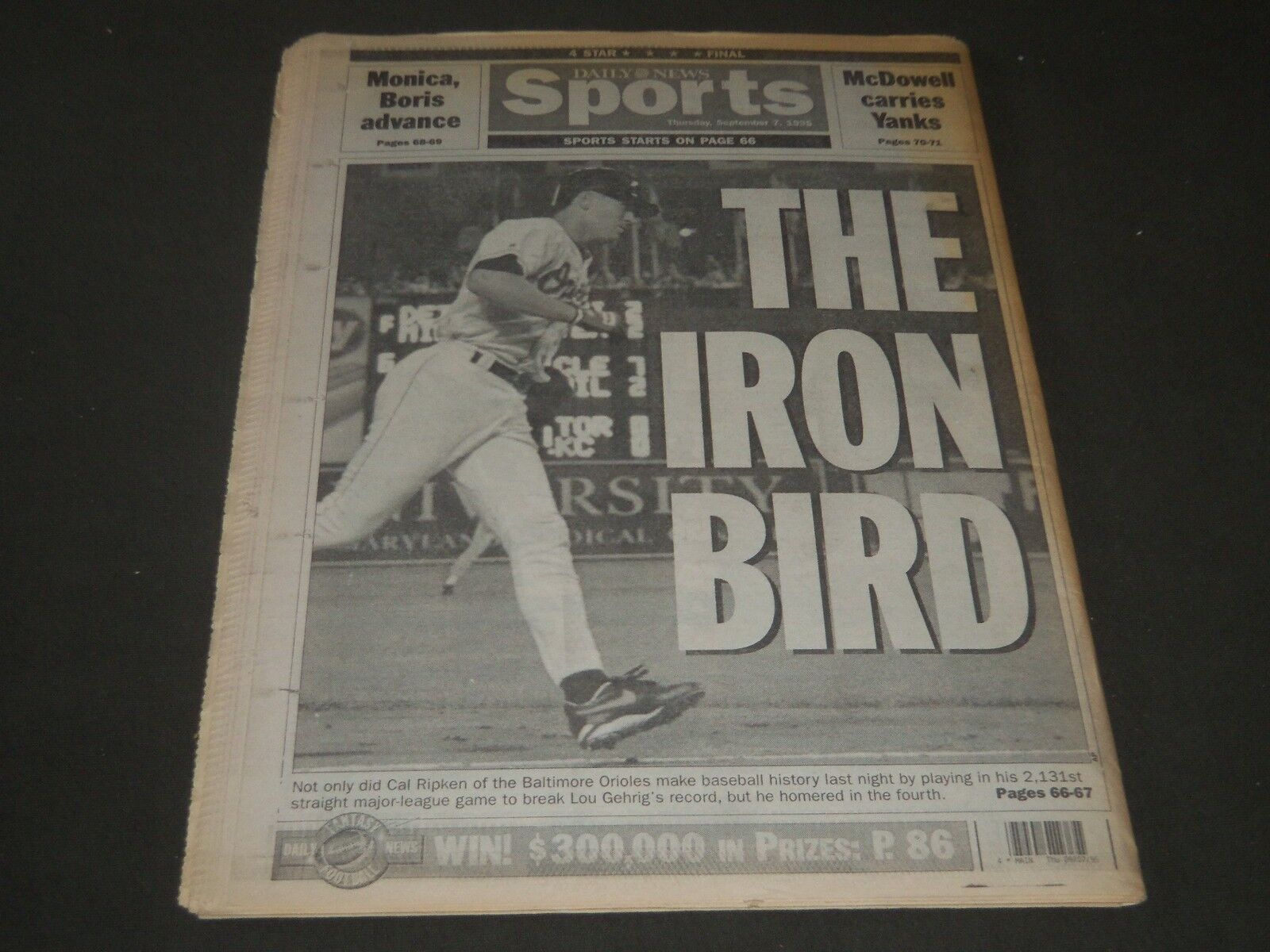1995 SEPTEMBER 7 NY DAILY NEWS NEWSPAPER - IRON BIRD HOLY CAL - NP 2542