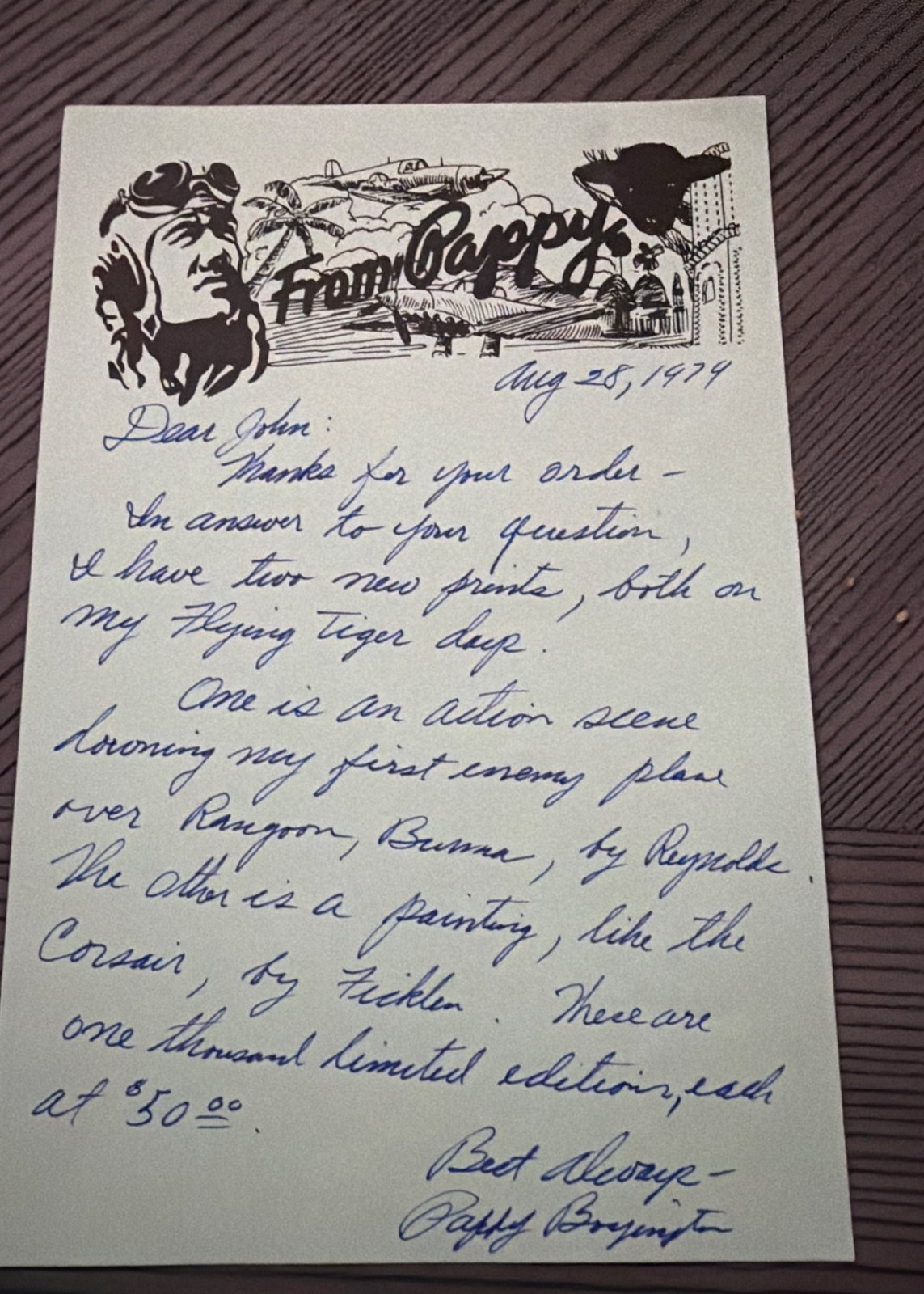 Pappy Boyington Handwritten Signed Letter 1979 Flying Tigers Ficklen Print Pappy Boyington Handwritten Signed Letter 1979 Flying Tigers Ficklen Print
