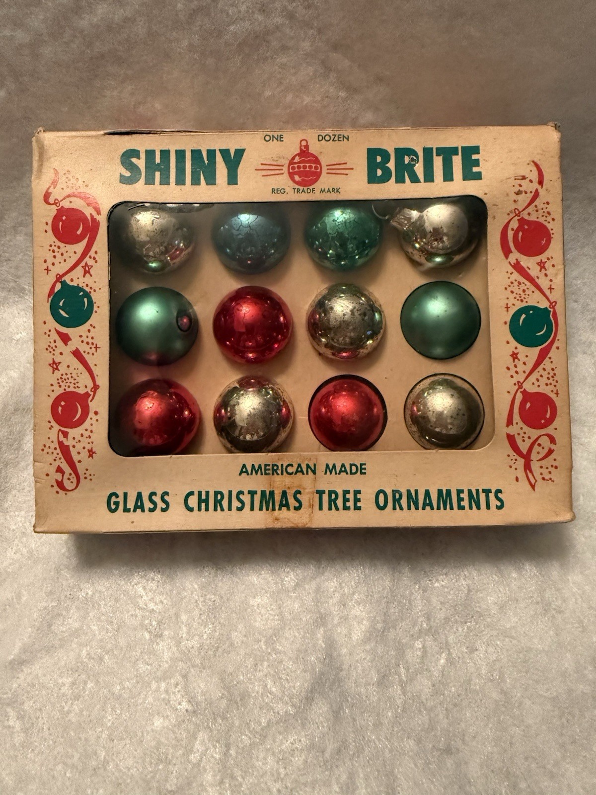 Vtg 1940s Shiny Brite 1” Minature Glass Christmas Ornaments Box Of 12