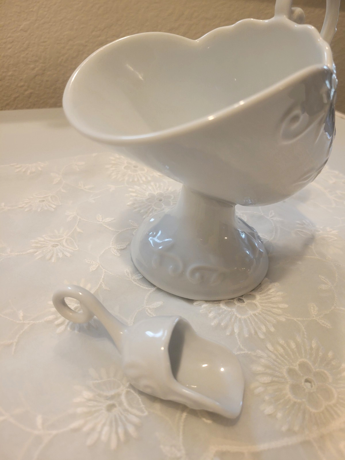 Vintage White Sugar Scuttle & Scoop with Rose Scroll Pattern ** Vintage White Sugar Scuttle & Scoop with Rose Scroll Pattern **