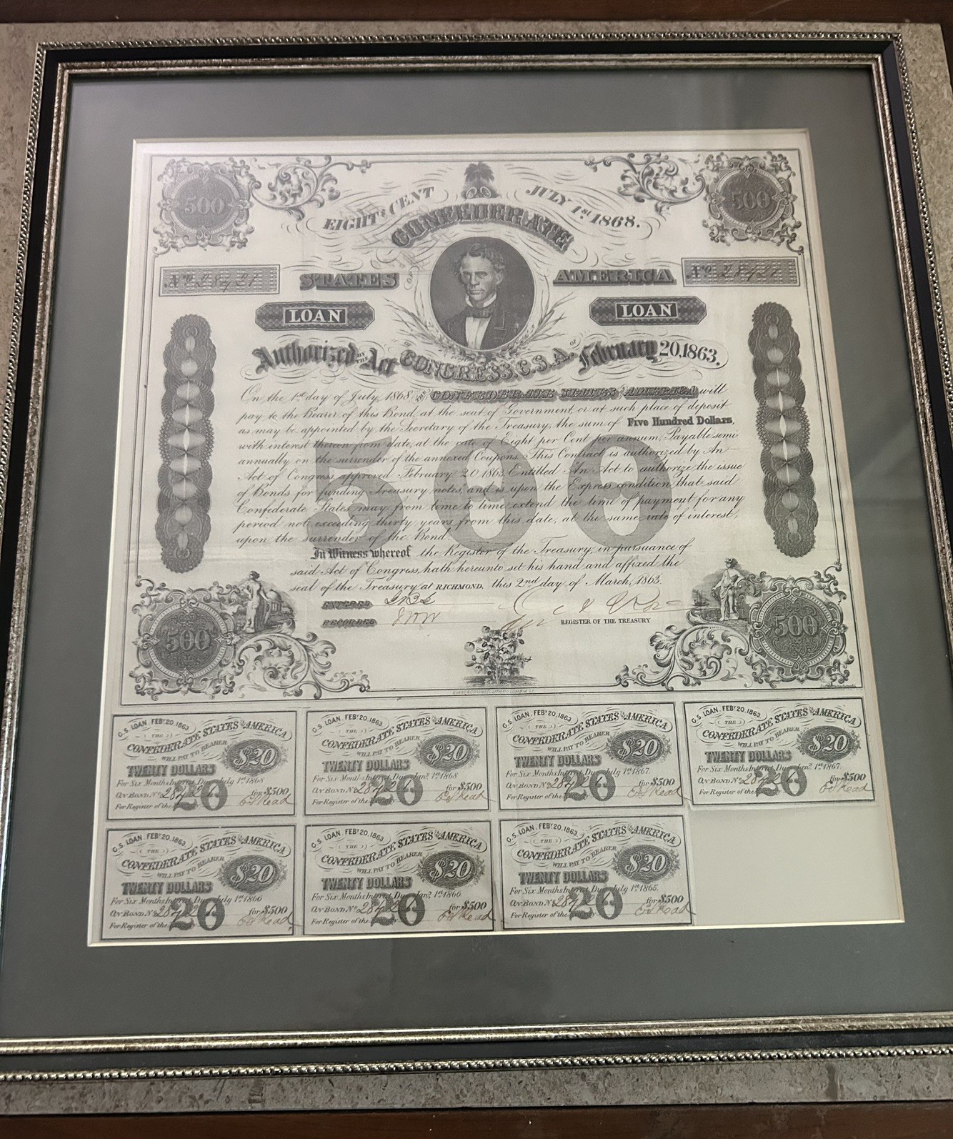 Confederate States of America $500 Civil War bond from 1863 With 7 Stamps. Confederate States of America $500 Civil War bond from 1863 With 7 Stamps.
