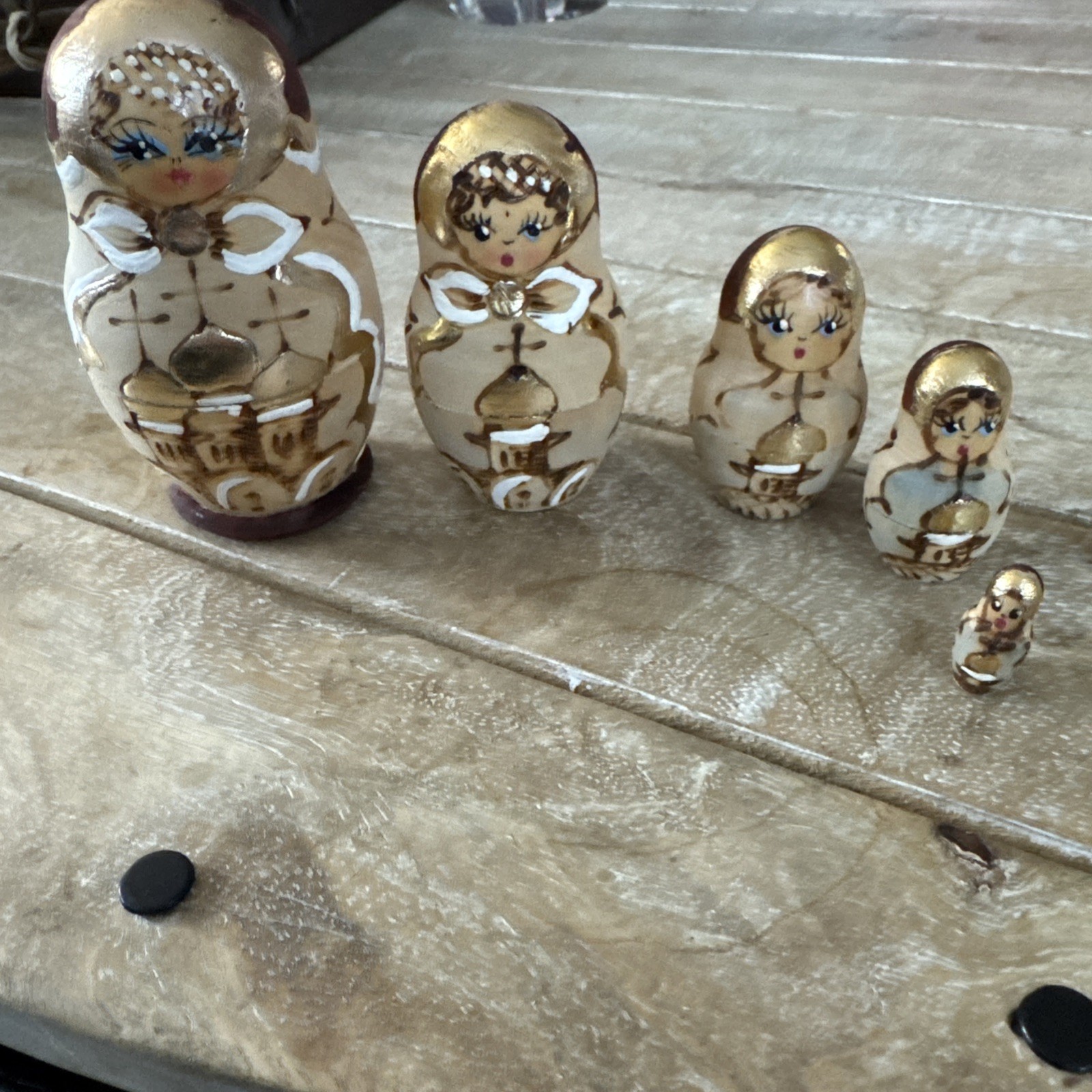 Russian Matryoshka Nesting Dolls Burned Wood Hand Painted Gold Silver 5pc