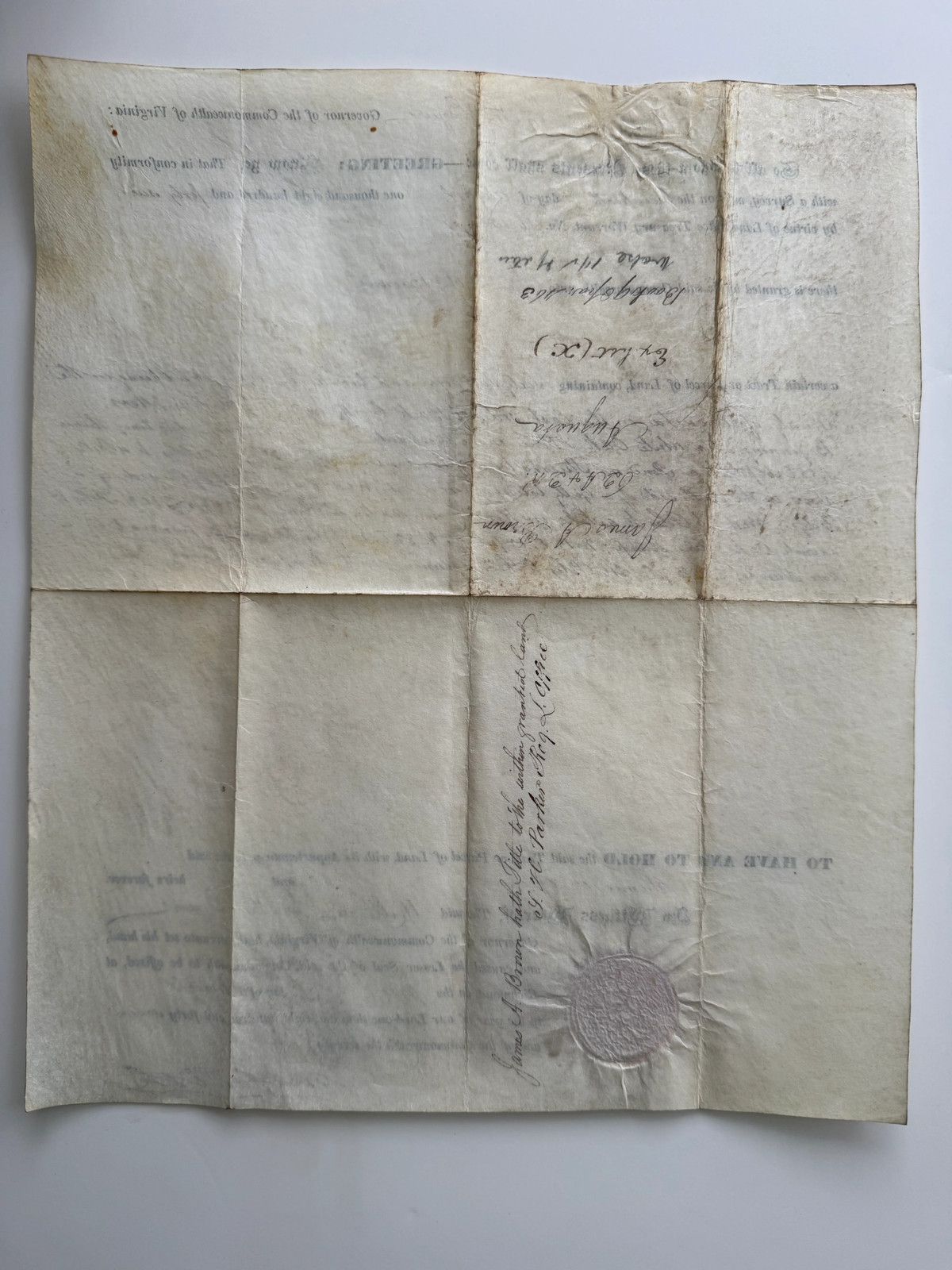 1847 Virginia Land Grant Signed by Governor William 