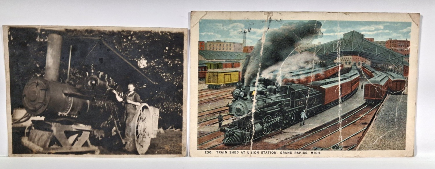 1932 Steam Train and tractor Union Station Grand Rapids Mich post card antique 1932 Steam Train and tractor Union Station Grand Rapids Mich post card antique