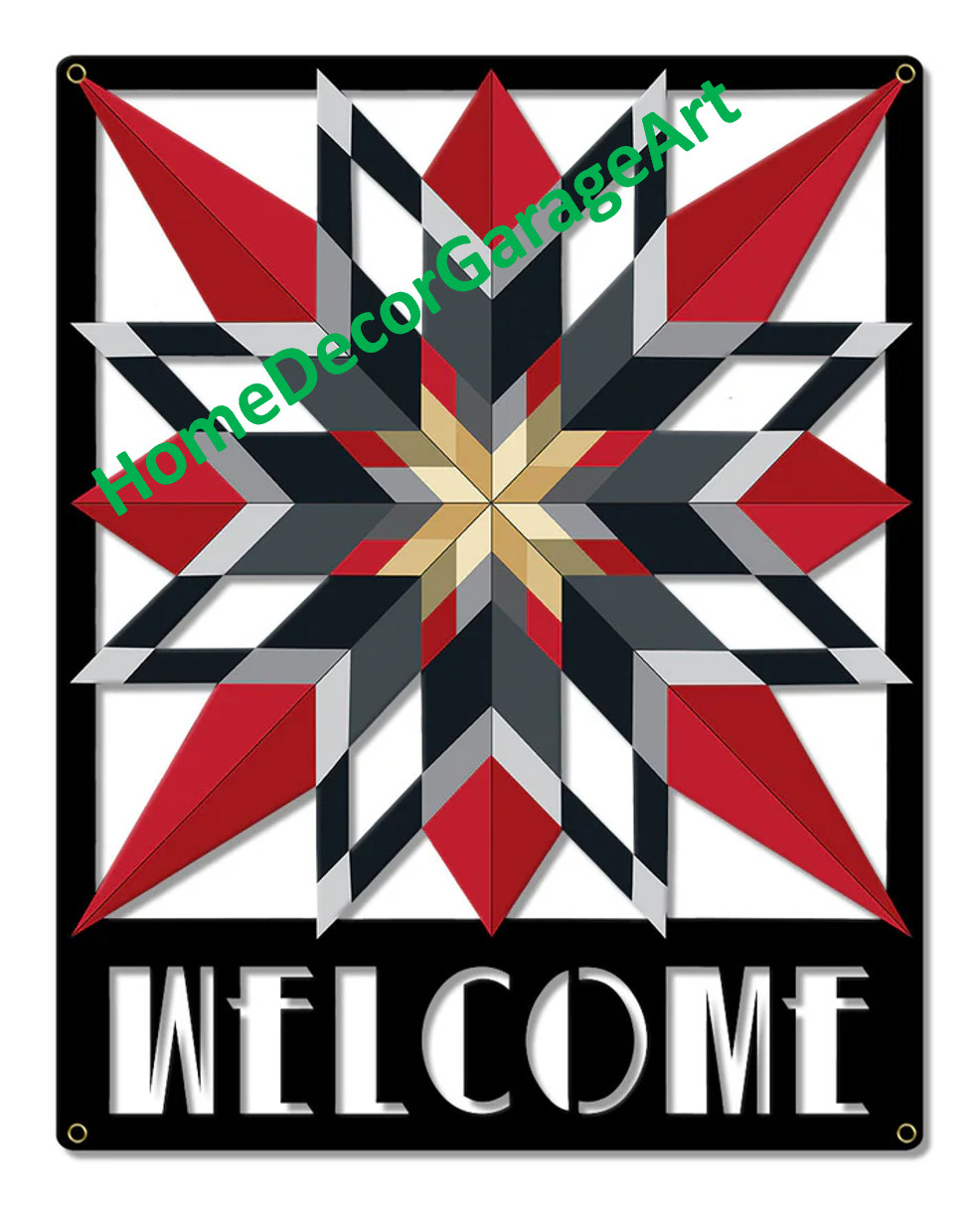 Amish Barn Quilt Metal Sign, Welcome Sixteen Star Cutout Design Amish Barn Quilt Metal Sign, Welcome Sixteen Star Cutout Design
