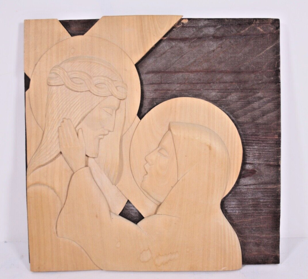Carved Jesus and Mary 10” Vtg 1973 Mid Century Mod Folk Art 2 Pc Wood Plaque