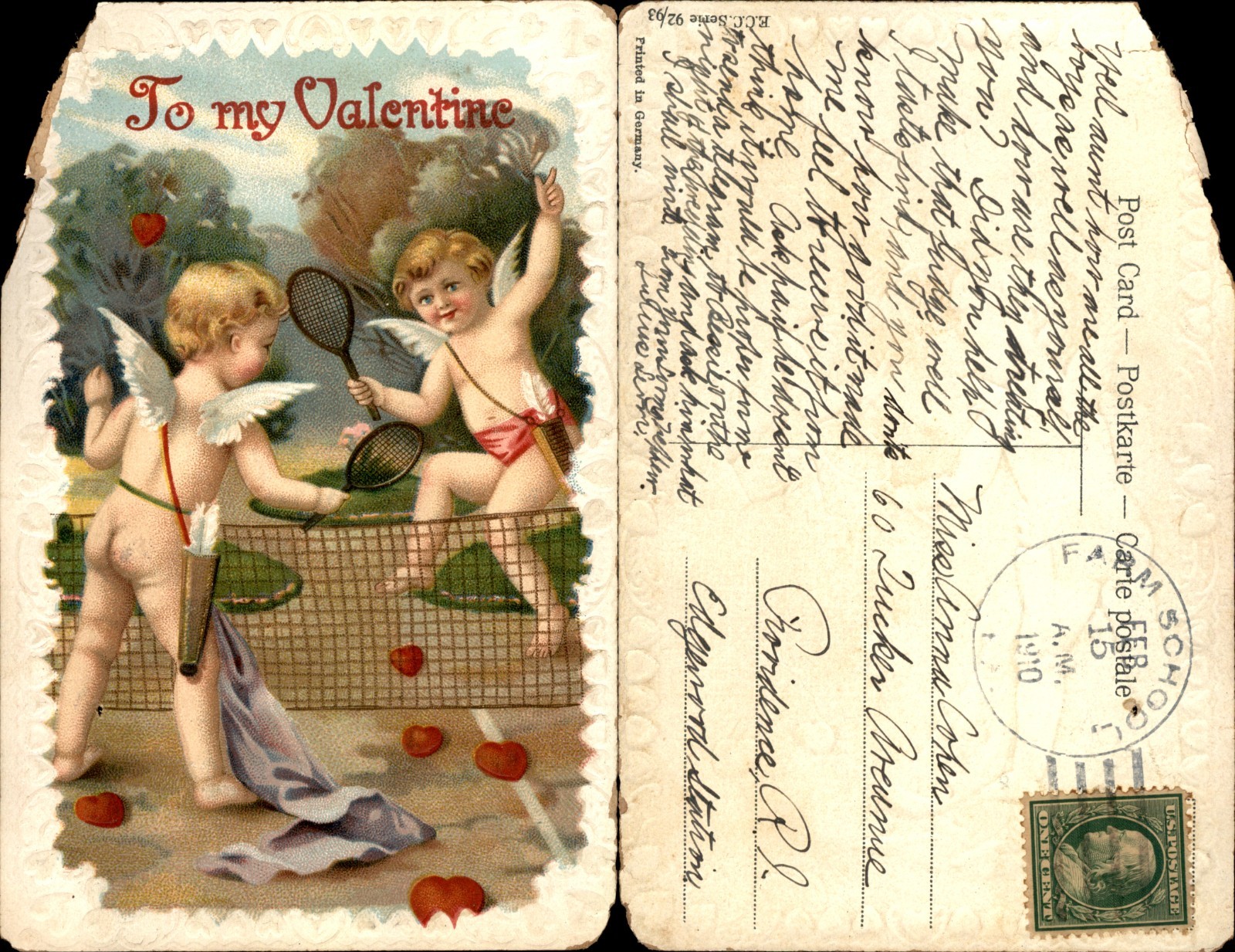 Antique 1910 Valentine Postcard Cupids Playing Tennis ELC Series 26/83 Printed G Antique 1910 Valentine Postcard Cupids Playing Tennis ELC Series 26/83 Printed G
