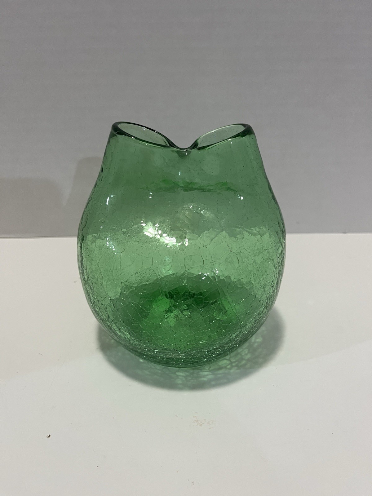 Vintage Green Handblown Crackle Glass Pinch Vase Double Hole Midcentury Modern Vintage Green Handblown Crackle Glass Pinch Vase Double Hole Midcentury Modern