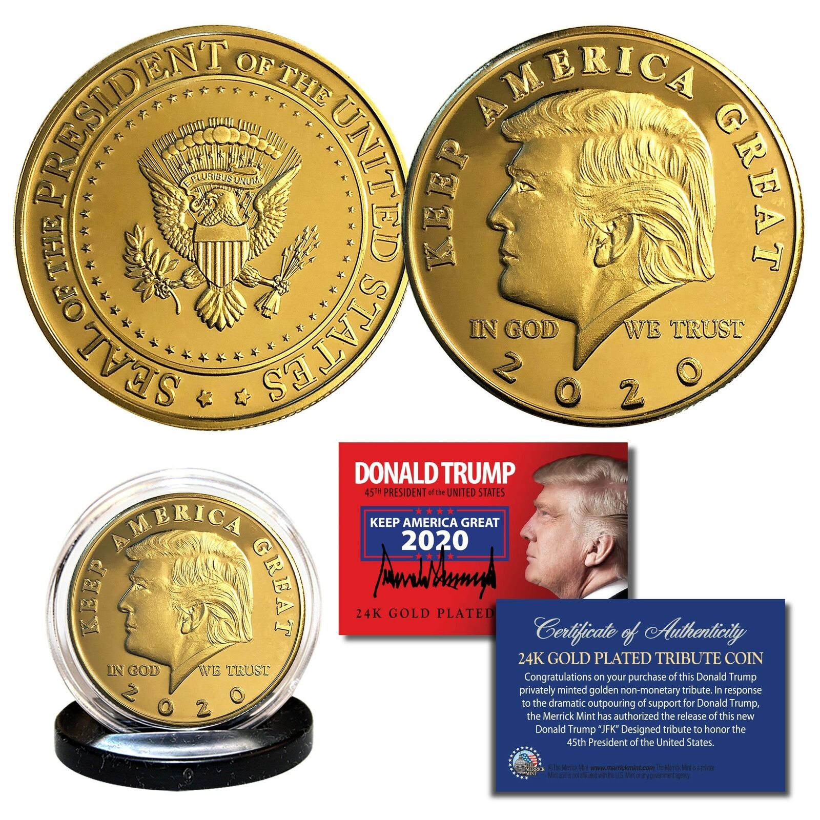 Donald Trump 2020 Keep America Great 45th President 24K Gold Clad Tribute Coin