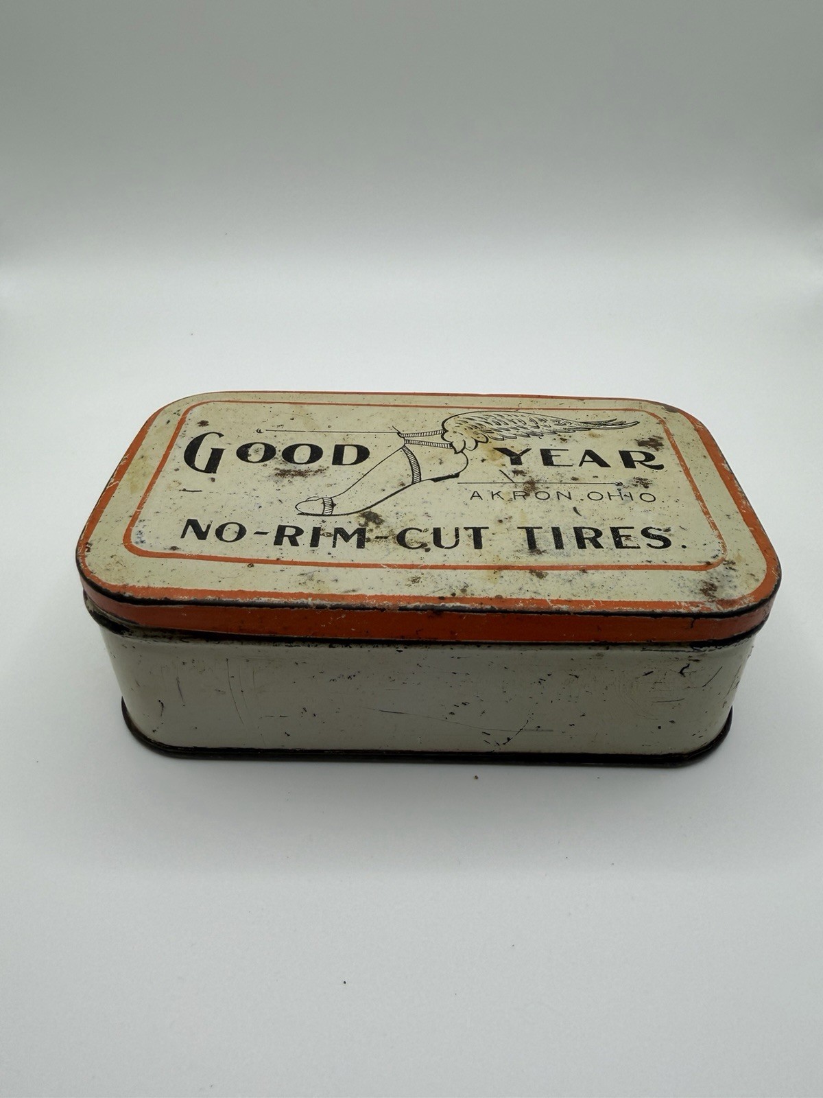 Goodyear No-Rim-Cut Tires Advertising Tin Box Collectible Beige Orange Black Goodyear No-Rim-Cut Tires Advertising Tin Box Collectible Beige Orange Black
