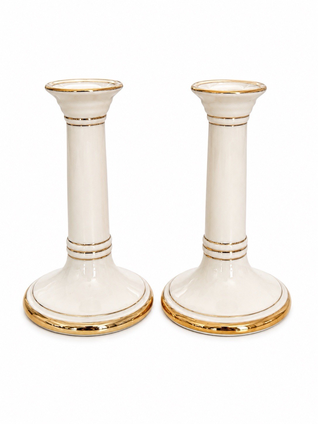 Vintage Pair Of White Ceramic Gold Trim Classic Neoclassical Candlesticks 7” Vintage Pair Of White Ceramic Gold Trim Classic Neoclassical Candlesticks 7”